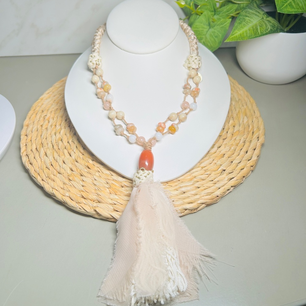 CHICO’S Coral and Cream colored double-strand corded beaded tassel necklace - Picture 11 of 13